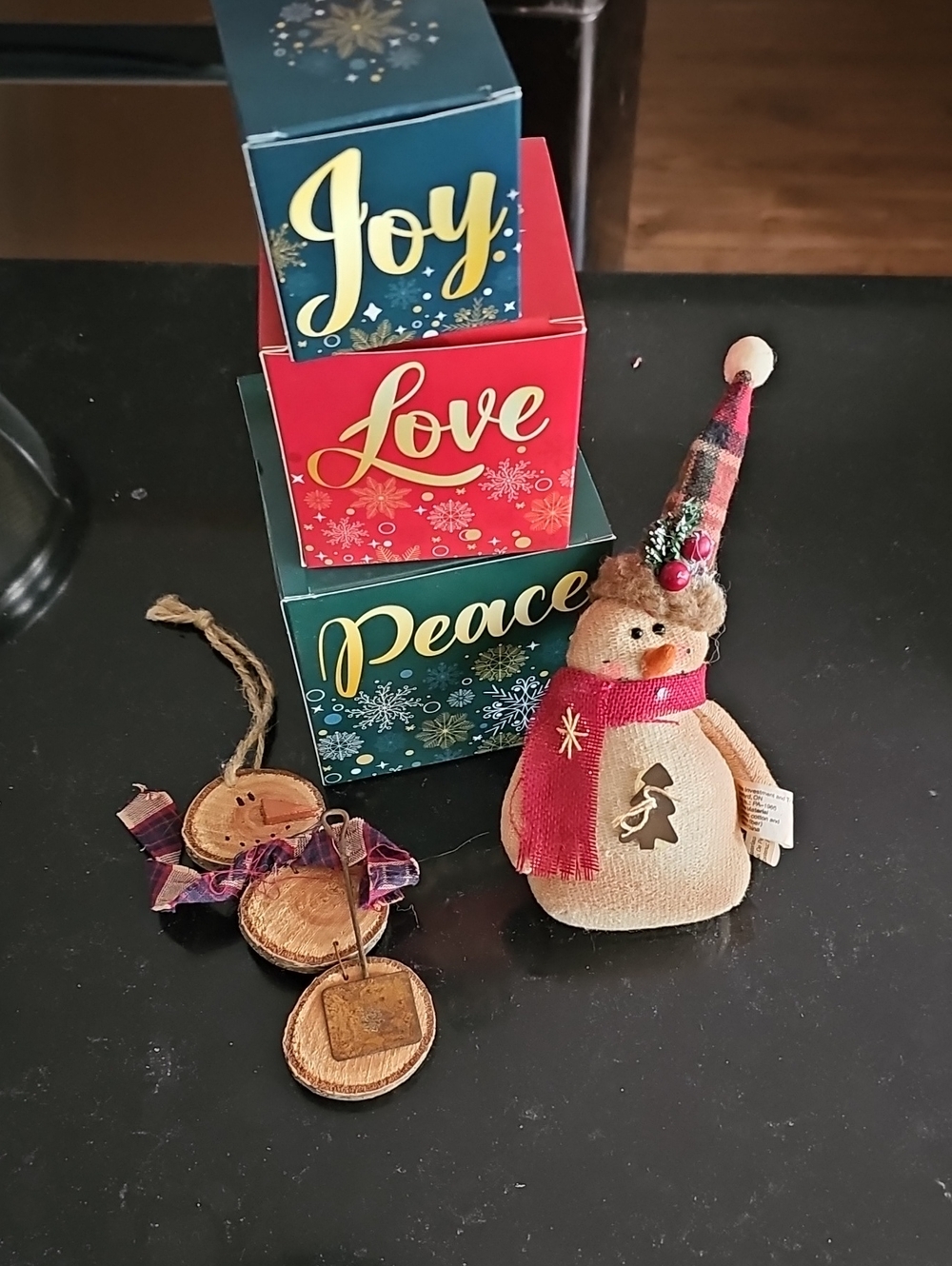 Festive 'Peace' Stacked Box and Burlap Snowman Holiday Decor - Red & Green